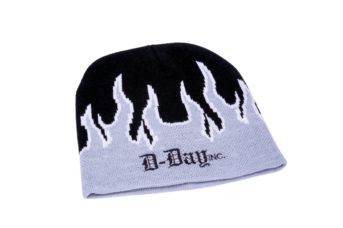 "D-Day" Black White Silver Large Flames Beanie