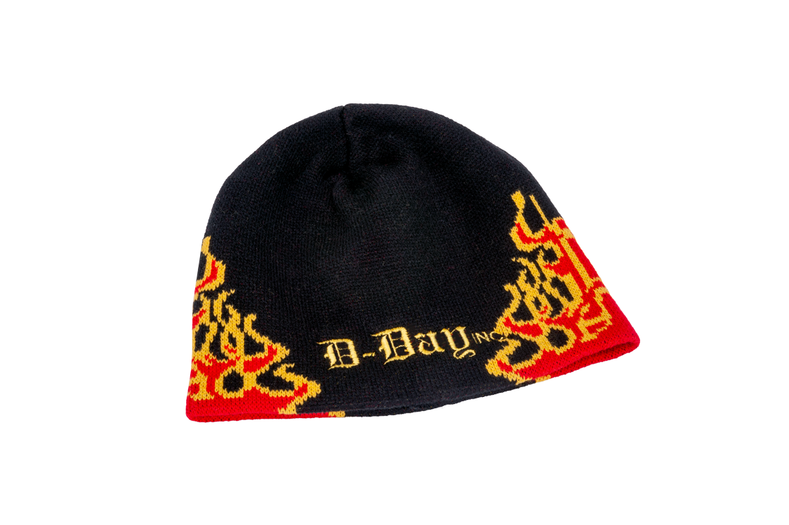 "D-Day" Black Yellow Red Small Flames Beanie