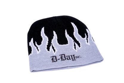 "D-Day" Black White Silver Large Flames Beanie