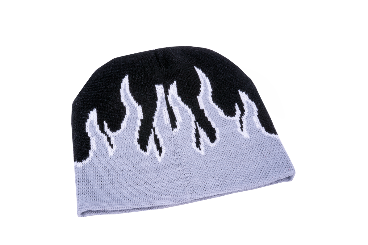 "D-Day" Black White Silver Large Flames Beanie